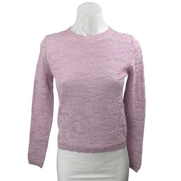 MNG Mango Pink Jacquard Floral Brocade Crewneck Long Sleeve Knit Sweater Top XS - Picture 1 of 3